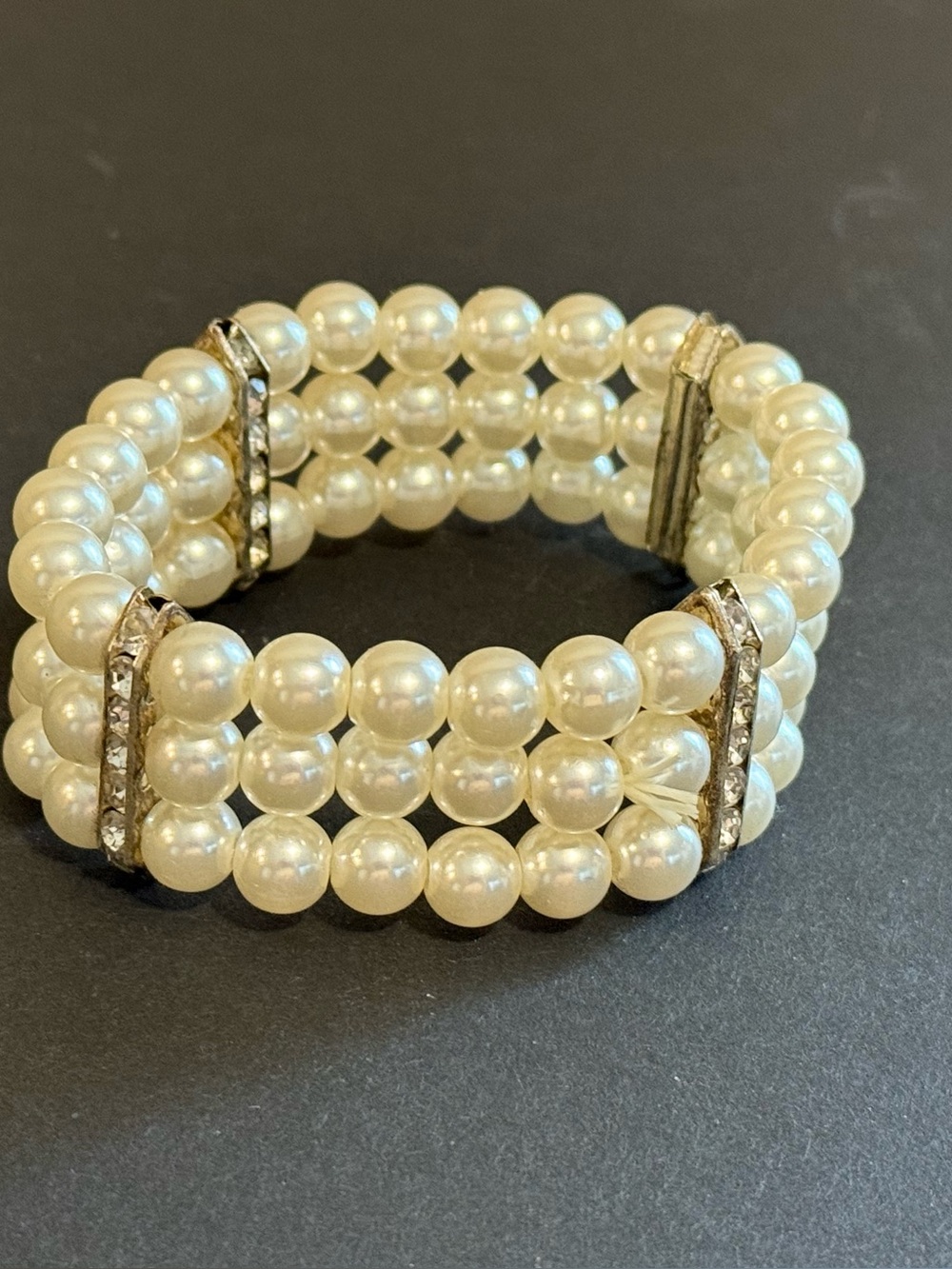 Classic Ivory Pearl Stretch Bracelet with Rhinestone Accents